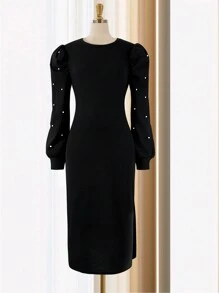 SHEIN 女童珍珠装饰长袖及地开衩连衣裙 - 黑色 - 查看 1