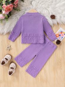 SHEIN Baby Girl Floral Applique Stylish & Cute Long Sleeve Top And Elastic Waist Pants 2 Pieces Knit Sweater Set