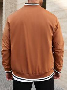 Manfinity Homme Plus Size Men's Casual Contrast Color Trim Letter Print Jacket, Autumn - Bronze - View 2