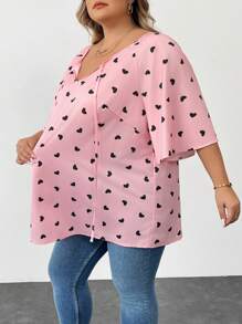 SHEIN CURVE+ Plus Size Valentine's Day Heart Print Long Sleeve Shirt, Suitable For Spring And Winter, For Summer