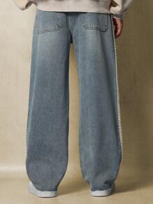 SUMWON Loose Fit Jean With Crochet Side Panel - Blue - View 4