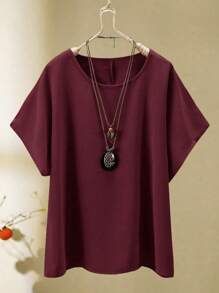 EMERY ROSE Plus Size Casual Solid Color Batwing Sleeve Top And Pants 2pcs Suit - Burgundy - View 7