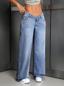 SHEIN ICON 女士前扣口袋简约牛仔裤，休闲日常穿着 - 中等水洗藍 - 查看 4