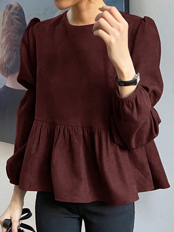 DAZY Plain Crew Neck Ruffle Hem Casual Long Sleeve Shirt,Fall Women Clothes