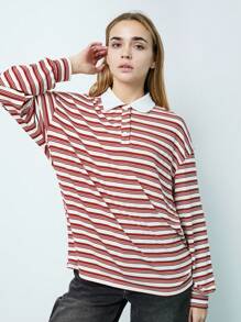 SHEIN Unity 1 Stück Damen Rot & Weiß gestreiftes Kontrast-Farbblock Loose Langarm T-Shirt, Vintage College Stil, Lässig für Herbst/Winter Grafik T-Shirts Damen Tops für Frühling - Verschiedenfarbig - Übersicht 6