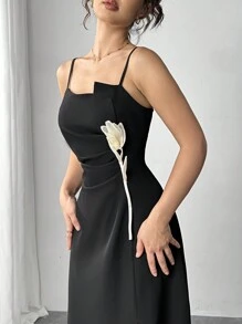 Firerie Women's Spaghetti Strap Floral Decor Split Hem Casual Black Elegant Dress