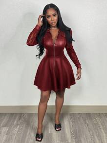 Slaydiva Elegant Black Front Zipper Lace Patched PU Fishtail Hem Long Sleeve Bodycon Dress