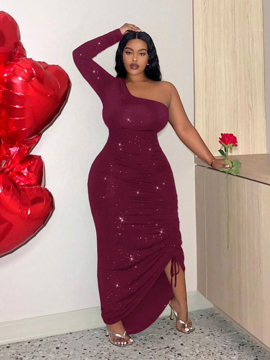 Slaydiva 大码闪光抽绳单肩开衩下摆连衣裙，性感情人节装