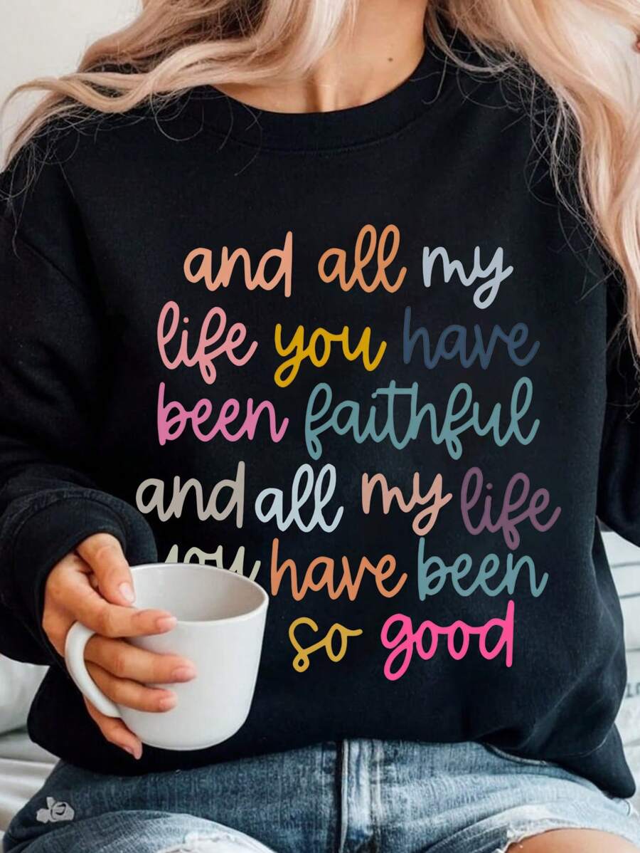 Calvaya 大码基督教圣经经文卫衣，“我一生你都信实”亮丽款，“我一生你都信实”基督教卫衣毕业款，女教师款，返校套头衫秋冬款 - 白色 - 查看 1