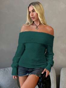 Roylia Casual Solid Color Off-Shoulder Sweater, Autumn/Winter Knit Pullover Fall Outfit