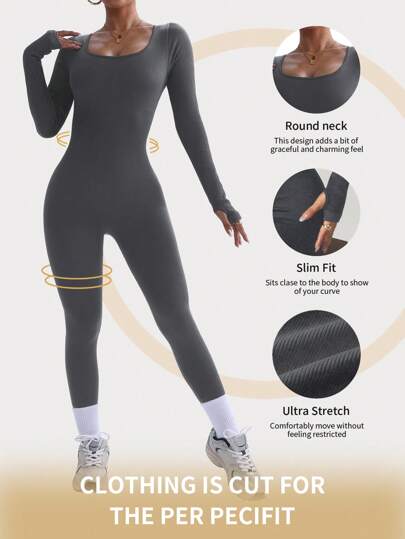 Easithlete Solid Color Minimalist Sports Jumpsuit, Casual Everyday Wear Full Bodyal Everyday Wear