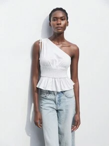 Maija Women's Summer One-Shoulder Sleeveless Top With Drawstring Shoulder And Ruffled Trim, Open Shoulder Blouse - White - View 6