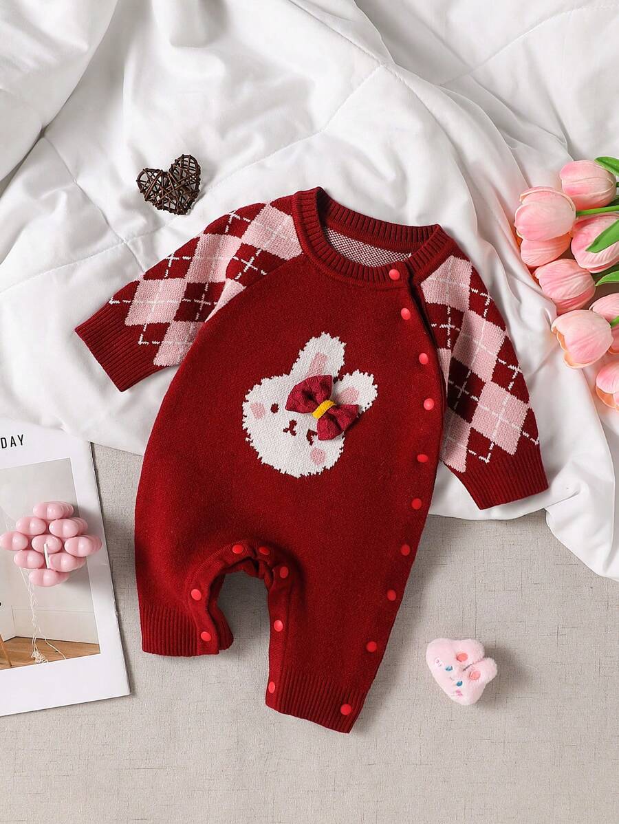 Infant Girl Fashion Cute Versatile Diamond Cartoon Rabbit Knitted Creeper Jumpsuit Coverall - Multicolor - View 1