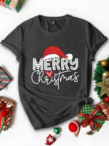 Flirla 大码女式休闲圣诞圣诞老人帽和英文图案宽松圆领短袖 T 恤，深灰色夏季上衣图案 T 恤女式上衣 - 深灰色 - 查看 1