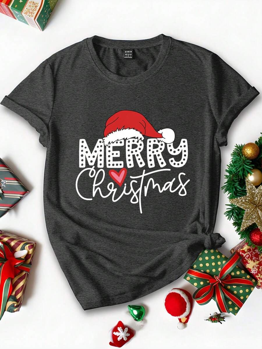 Flirla 大码女式休闲圣诞圣诞老人帽和英文图案宽松圆领短袖 T 恤，深灰色夏季上衣图案 T 恤女式上衣 - 深灰色 - 查看 1
