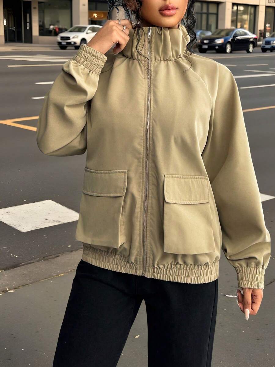 Chiquease 法式休闲军绿色女式风衣夹克，秋季 - 軍綠色 - 查看 1