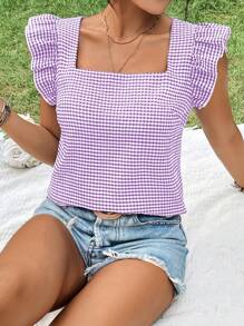 SHEIN VCAY Camisa regular para mujer con cuello cuadrado, mangas cortas y estampado a cuadros para vacaciones - Púrpura malva - Ver 3