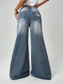 SHEIN ICON Women's Loose High-Waisted Ripped Pocket Denim Wide Leg Jeans Holiday Outfits - Blue - View 2