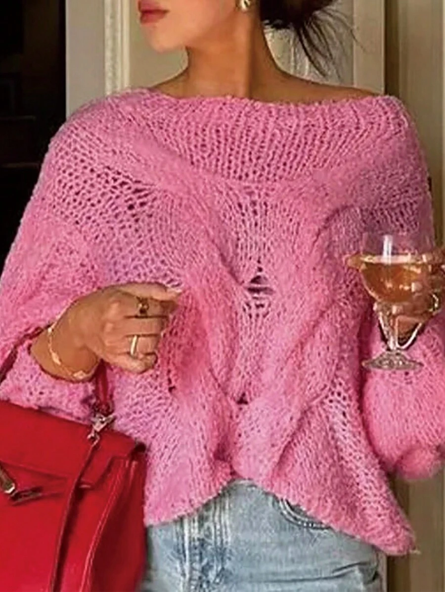 INAWLY Plus Size Solid Color Crew Neck Sweater, Casual For Autumn/Winter Knit Pullover Fall - Pink - View 1