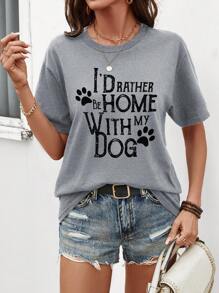 SHEIN LUNE Dog Print Slogan Plain Letter & English Graphic Casual Crew Neck Short Sleeve T-Shirt For Women Graphic Tees Women Tops