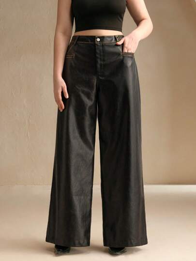 Anewsta 大码女式仿旧口袋直筒仿皮裤，新年时尚通勤装