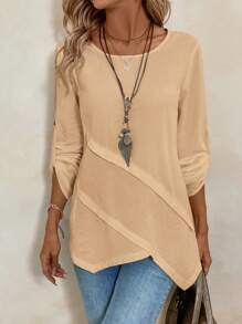 EMERY ROSE Women's White Blouse With Asymmetrical Hem Design, Round Neck - Khaki - View 3