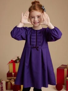 PrepCrw Young Girls' Autumn/Winter Academia Style Navy Blue Bowknot Woven Cinched Waist A-Line Ruffle Hem Round Neck Dress