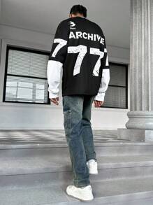 Manfinity Campus Court Aesthetic Post--Oversized Digital Print Men's Round Neck Long Sleeve Casual Sweatshirt With 2 In 1 Design Street Wear Crew Neck Letter Color Block Sweatshirt, For Friends, Husband, Boyfriend Gifts - Black - View 6