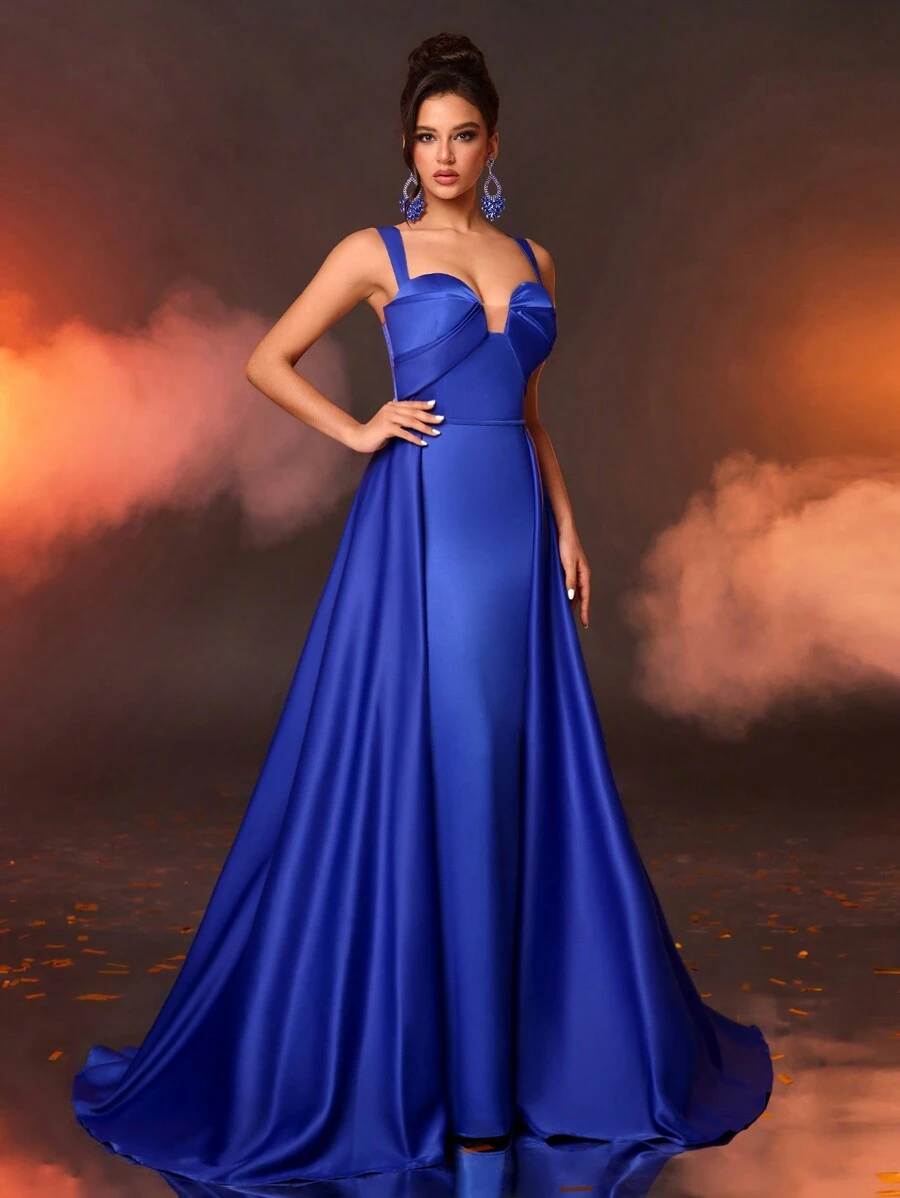 Glamrae 优雅电蓝色光泽缎面吊带胸新颖异形扭纹鱼尾式超大飘逸片尾重工业晚礼服约会单身派对婚礼活动重工业晚礼服、舞会礼服、婚礼嘉宾、毕业典礼 - 藍色 - 查看 1