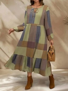 EMERY ROSE Plus Size Plaid Print Tie Collar Ruffle Hem Long Sleeve Dress, Winter Dress - Green - View 5