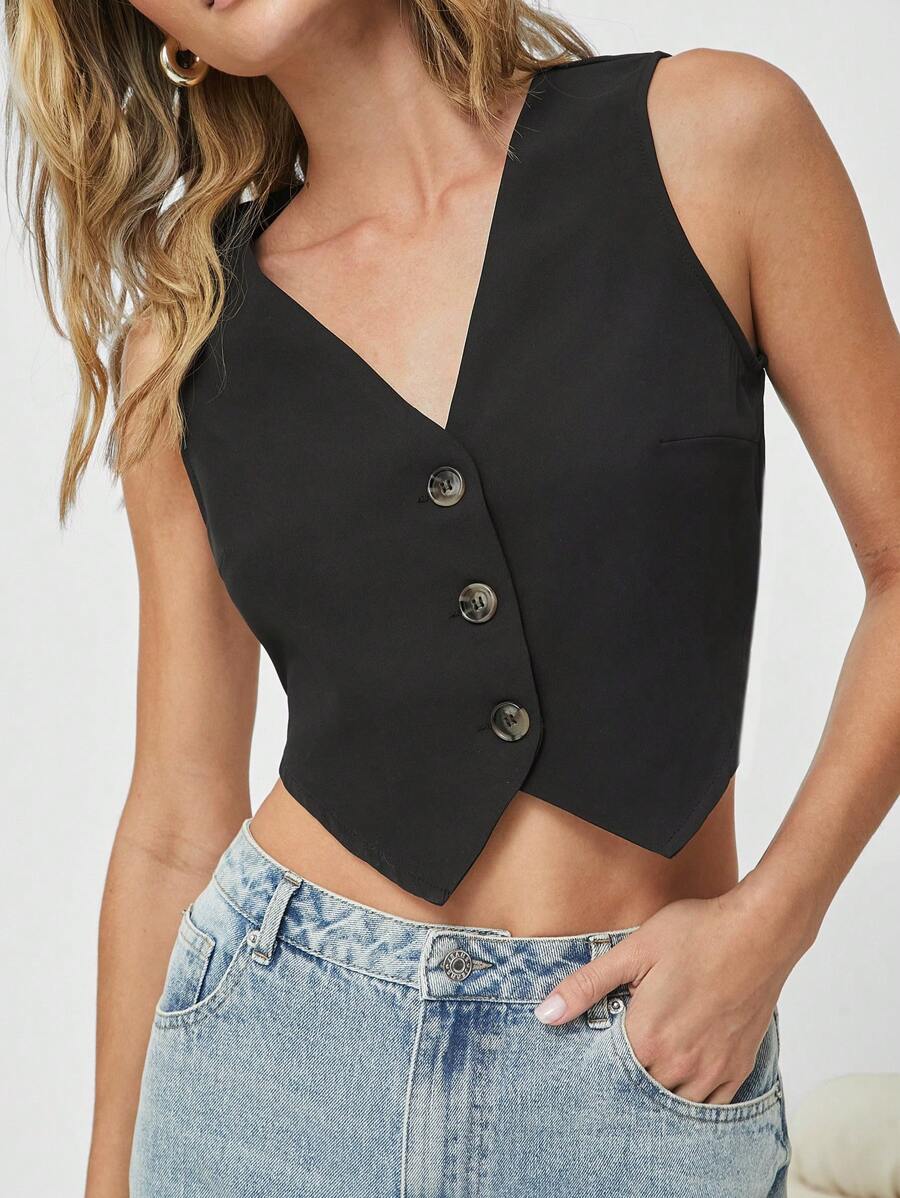 SHEIN EZwear Chaleco de verano casual y versátil de unicolor tejido con botones - Negro - Ver 1