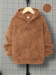 SHEIN Leap Crew Áo nỉ hai mặt thêu họa tiết, kiểu dáng thường ngày, dành cho bé trai tuổi teen. - Màu Khaki - Xem 1