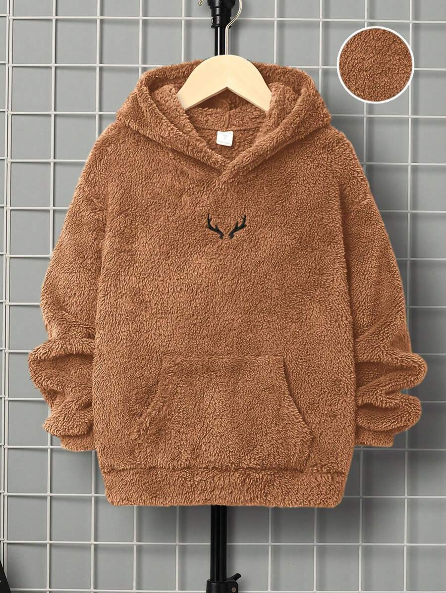 SHEIN Leap Crew Áo nỉ hai mặt thêu họa tiết, kiểu dáng thường ngày, dành cho bé trai tuổi teen. - Màu Khaki - Xem 1
