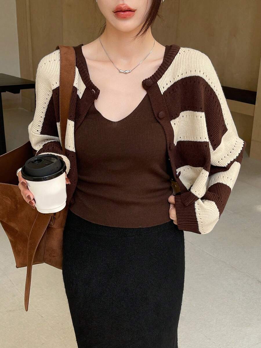 DAZY 2pcs Solid Color Loose Knit Camisole And Striped Sweater Set For Women,Fall Clothes - Brown - View 1