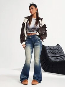 SHEIN PETITE Jeans ajustados y acampanados sexy para mujer, azul