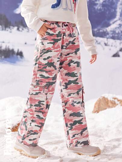 SHEIN 少女系带口袋迷彩简约休闲牛仔裤