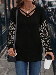 EMERY ROSE Women Casual Leopard Print Patchwork Sweater, Autumn/Winter