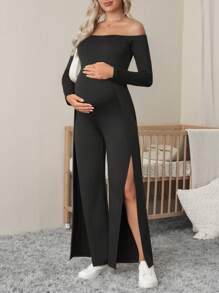 SHEIN 孕妇黑色露肩修身开衩连体裤 - 黑色 - 查看 5