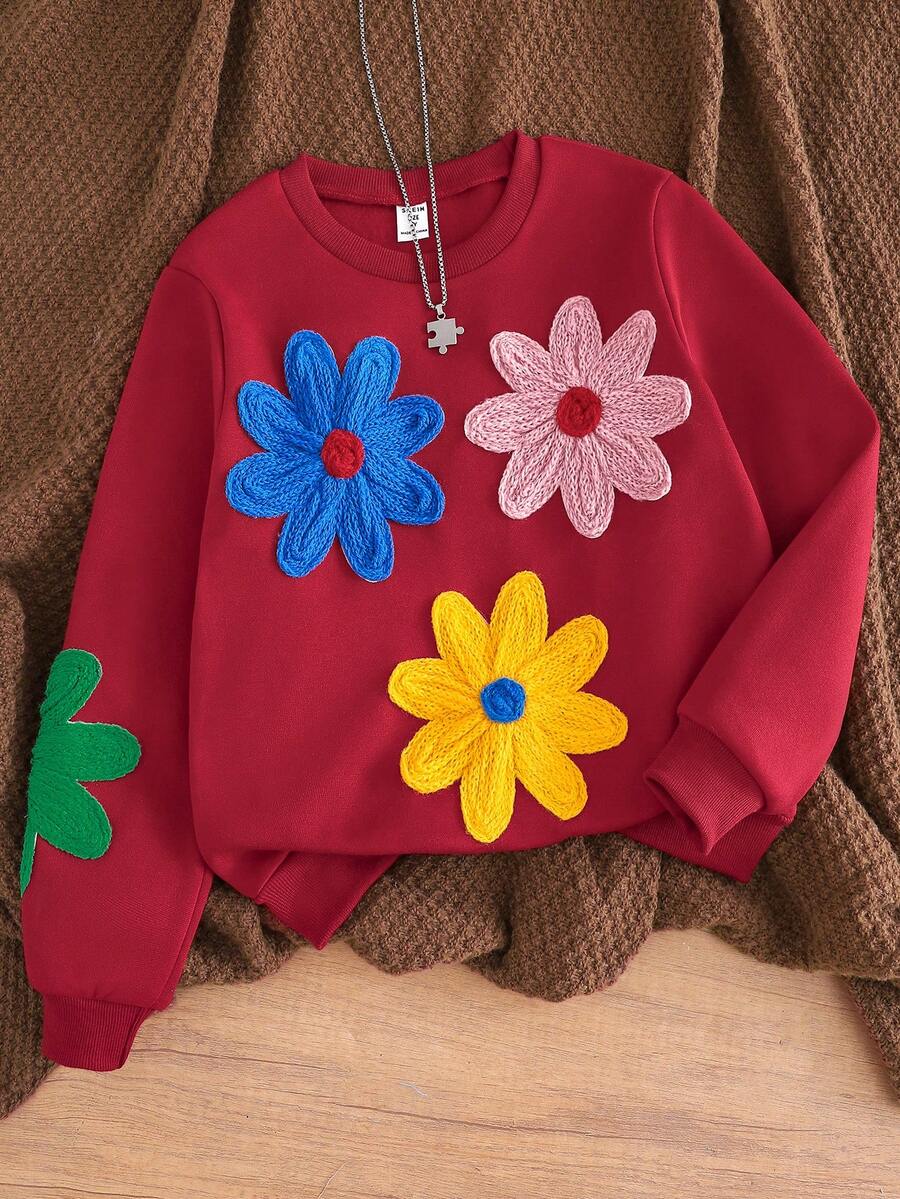 Áo nỉ cổ tròn in hoa 3D nhiều màu cho bé gái tuổi teen (Tween Girl) cho mùa thu - Màu Đỏ Sâu - Xem 1