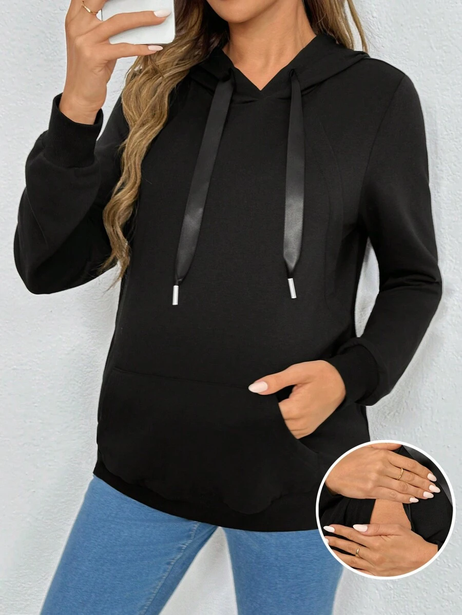 SHEIN Maternity Casual Pull-On Sweatshirt With Drawstring, For Autumn - Black - View 1