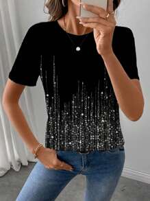 SHEIN LUNE Casual Minimalist Glitter Round Neck Short Sleeve Loose Sequin Top