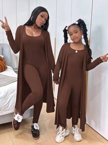 Slaydiva Tween-Mädchen Street Lässig Strick-Set, Unifarben mit langen Ärmeln, Strickjacke, Weste und langer Hose