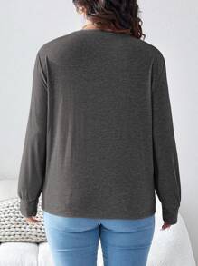 SHEIN LUNE 大码圆领长袖休闲宽松舒适休闲T恤秋季女装旅行机场度假 - 深灰色 - 查看 2