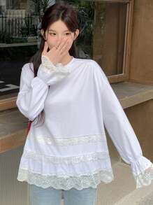 DAZY Women's Contrast Lace Long Sleeve Sport Tee For Valentine's Day, Spring/Summer,Ruffle Fall,Winter - White - View 8
