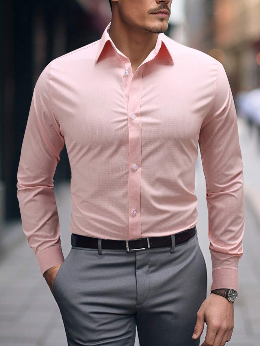 Manfinity Mode Men's Casual Solid Color Long Sleeve Shirt - Pink - View 1