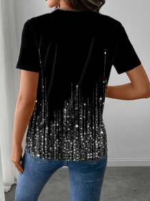 SHEIN LUNE Casual Minimalist Glitter Round Neck Short Sleeve Loose Sequin Top
