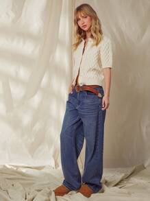 WESTFADE بنطلون جينز واسع الساق غير مطاطي ذو خصر عالٍ