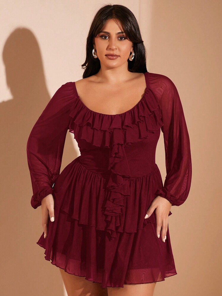 -Suitable-For-Party SHEIN BAE Plus Size Women Sweet Ruffle Trim Long Sleeve Black Solid Stretch  Mesh Mini Dress, Suitable For Party, Sisters Date | SHEIN USA