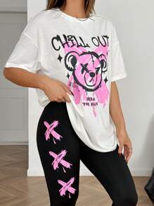 SHEIN Set da ragazza adolescente di 2 pezzi, composto da maglietta oversize bianca con stampa di orsacchiotto e graffiti, e leggings neri da sport