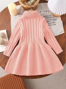 年轻女孩 A 字形高领针织毛衣连衣裙 - 粉色 - 查看 2